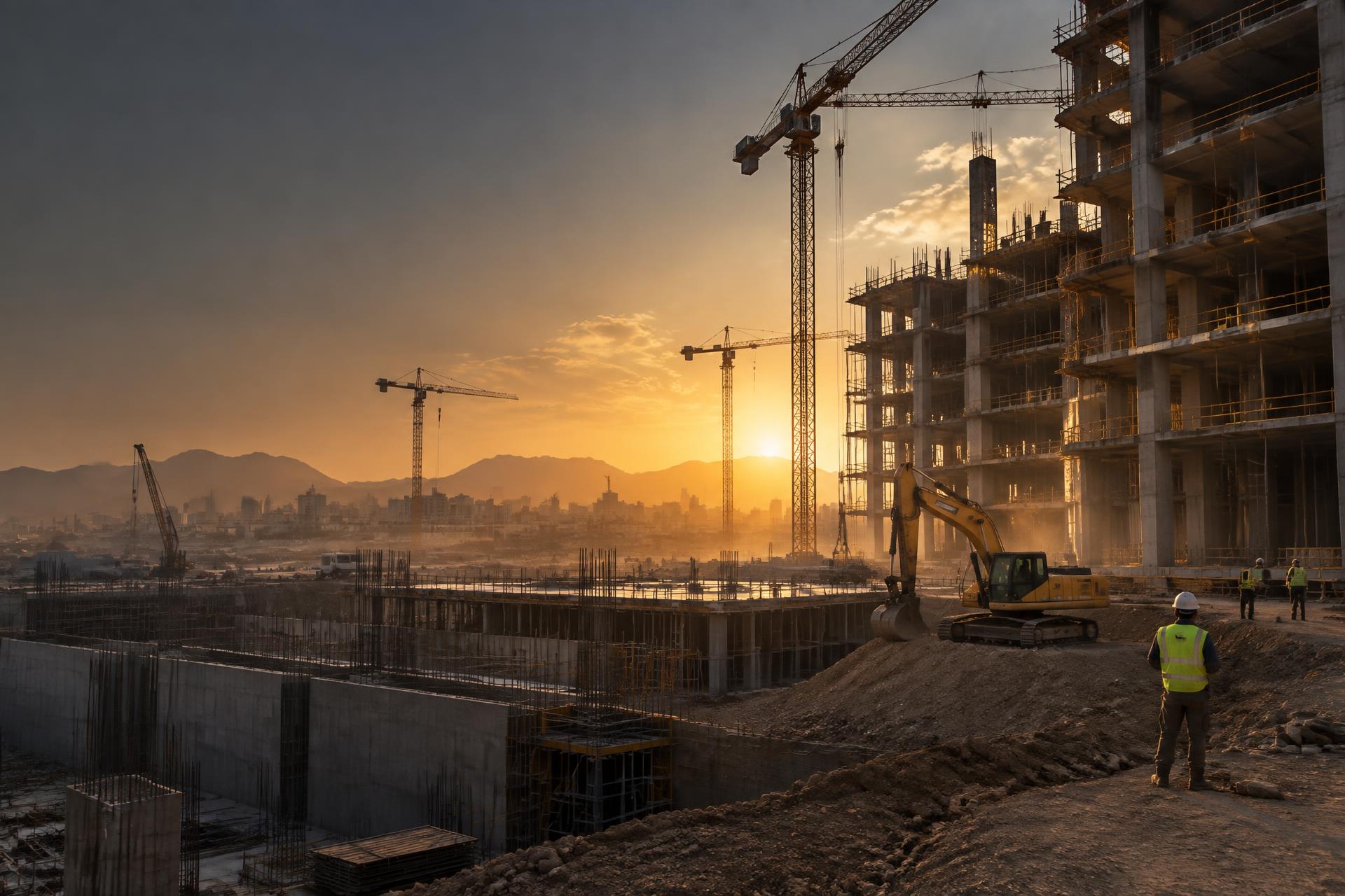 Tower cranes and heavy equipment working across a construction site